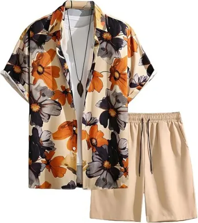 Men's Fashion Casual Summer Printed Short-Sleeve Shirt Breathable Shorts Two-Piece Set