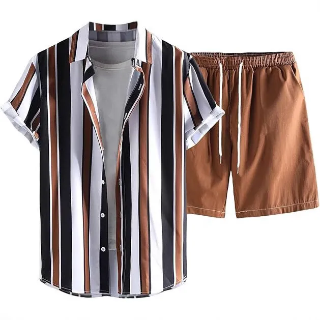 Men's Fashion Casual Summer Printed Short-Sleeve Shirt Breathable Shorts Two-Piece Set