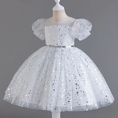 Kids Girls Fashion Elegant Star Printed Short Sleeve Party Wedding Evening Dress