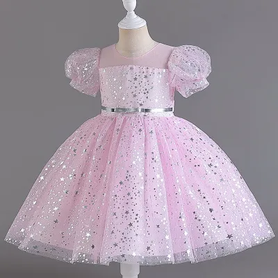Kids Girls Fashion Elegant Star Printed Short Sleeve Party Wedding Evening Dress