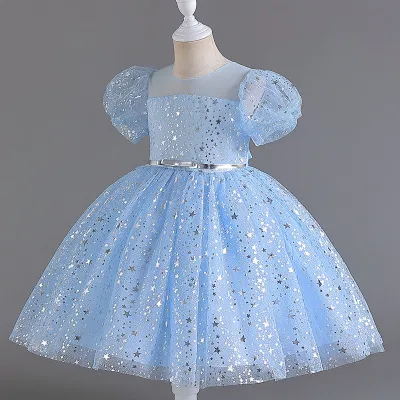 Kids Girls Fashion Elegant Star Printed Short Sleeve Party Wedding Evening Dress