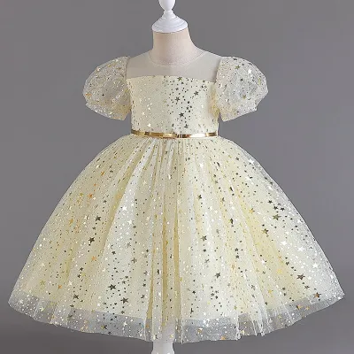 Kids Girls Fashion Elegant Star Printed Short Sleeve Party Wedding Evening Dress