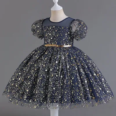 Kids Girls Fashion Elegant Star Printed Short Sleeve Party Wedding Evening Dress