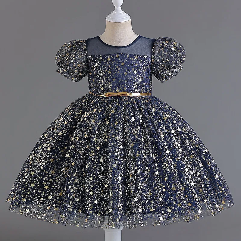 Kids Girls Fashion Elegant Star Printed Short Sleeve Party Wedding Evening Dress