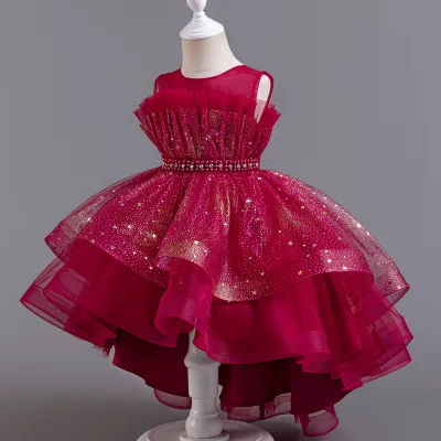 Kids Girls Elegant Sequins Sleeveless Multi-Layer Mesh Princess Evening Dress