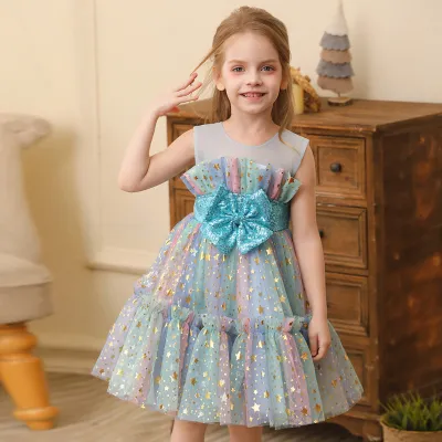 Kids Girls Fashion Multicolor Sequins Mesh Puff Sleeveless Princess Evening Dress Polyester Cotton Blend