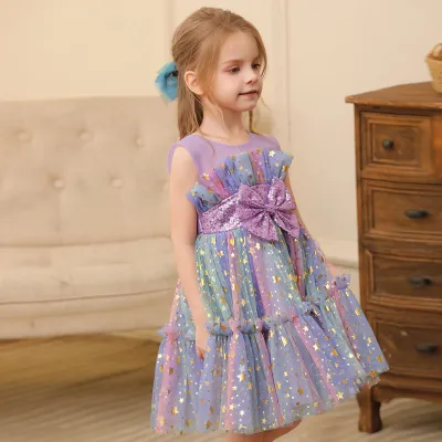 Kids Girls Fashion Multicolor Sequins Mesh Puff Sleeveless Princess Evening Dress Polyester Cotton Blend