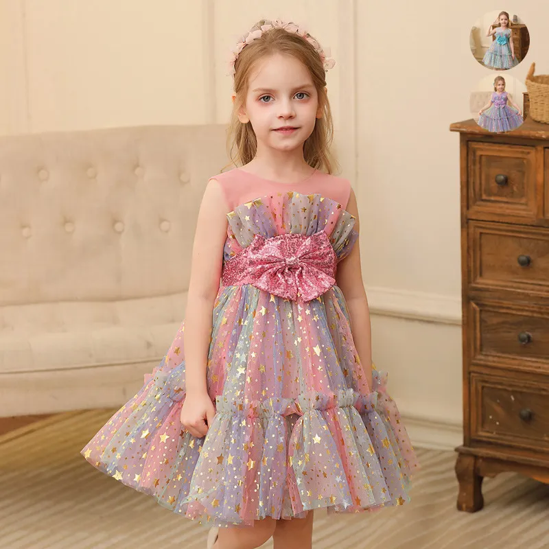 Kids Girls Fashion Multicolor Sequins Mesh Puff Sleeveless Princess Evening Dress Polyester Cotton Blend