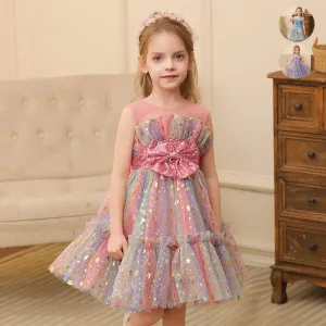Kids Girls Fashion Multicolor Sequins Mesh Puff Sleeveless Princess Evening Dress Polyester Cotton Blend