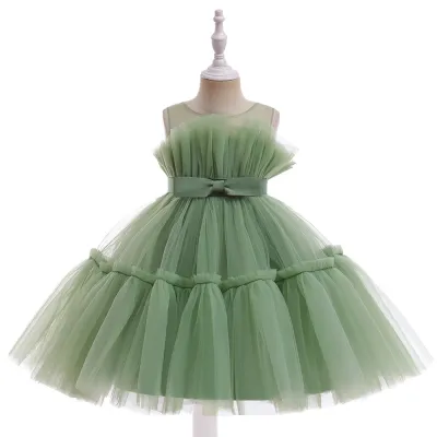 Kids Girl's Fashion Elegant Color-Matching Sleeveless Mesh Party Dress
