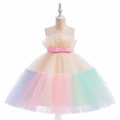 Kids Girl's Fashion Elegant Color-Matching Sleeveless Mesh Party Dress