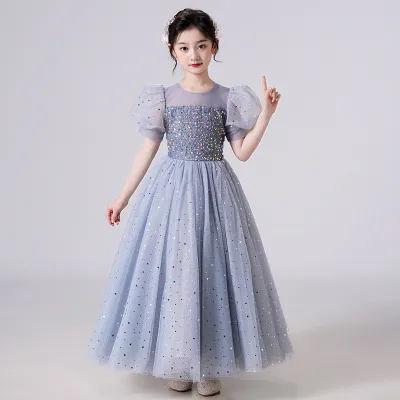 Kids Girl'S Elegant Sequin Bubble Sleeve Mesh Princess Evening Dress 40% Polyester