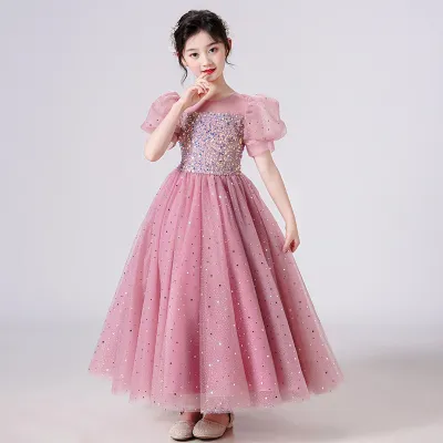 Kids Girl'S Elegant Sequin Bubble Sleeve Mesh Princess Evening Dress 40% Polyester
