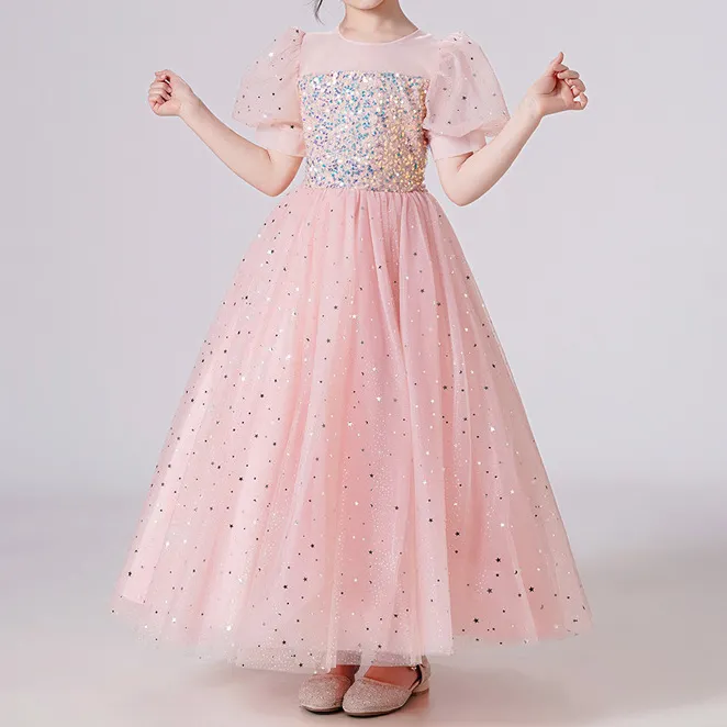 Kids Girl'S Elegant Sequin Bubble Sleeve Mesh Princess Evening Dress 40% Polyester