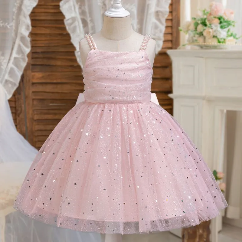 Girls Elegant Sequins Mesh Pearl Shoulder Strap Party Dress for Kids 3-14T