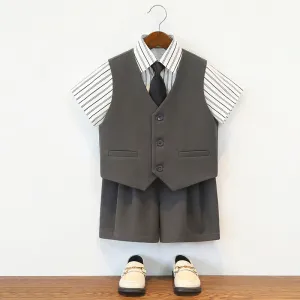 Kids Boys' Spring/Summer Casual Party Stripe Short-Sleeve Shirt Vest Loose Shorts Tie Four-Piece Set