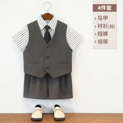 Kids Boys' Spring/Summer Casual Party Stripe Short-Sleeve Shirt Vest Loose Shorts Tie Four-Piece Set