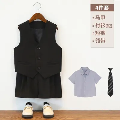 Kids Boys' Spring/Summer Casual Party Stripe Short-Sleeve Shirt Vest Loose Shorts Tie Four-Piece Set