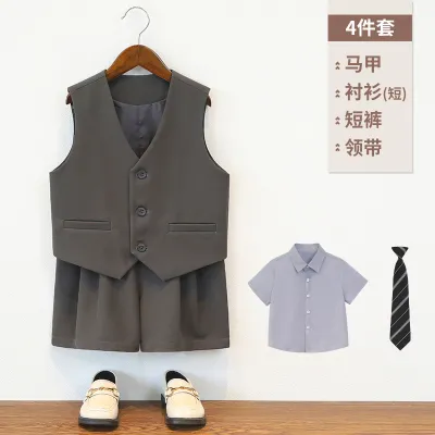 Kids Boys' Spring/Summer Casual Party Stripe Short-Sleeve Shirt Vest Loose Shorts Tie Four-Piece Set