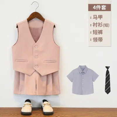 Kids Boys' Spring/Summer Casual Party Stripe Short-Sleeve Shirt Vest Loose Shorts Tie Four-Piece Set