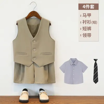 Kids Boys' Spring/Summer Casual Party Stripe Short-Sleeve Shirt Vest Loose Shorts Tie Four-Piece Set