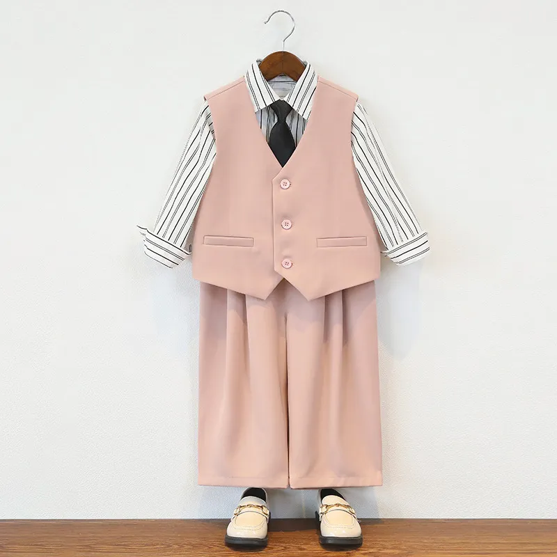 Kids Boys Spring Summer Casual Party Stripe Long Sleeve Shirt Vest Loose Pants Tie Four Piece Set