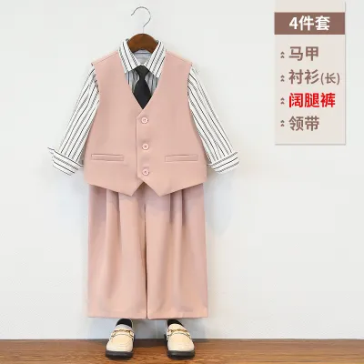 Kids Boys Spring Summer Casual Party Stripe Long Sleeve Shirt Vest Loose Pants Tie Four Piece Set