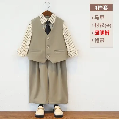 Kids Boys Spring Summer Casual Party Stripe Long Sleeve Shirt Vest Loose Pants Tie Four Piece Set
