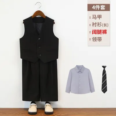 Kids Boys Spring Summer Casual Party Stripe Long Sleeve Shirt Vest Loose Pants Tie Four Piece Set