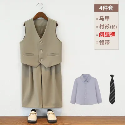 Kids Boys Spring Summer Casual Party Stripe Long Sleeve Shirt Vest Loose Pants Tie Four Piece Set