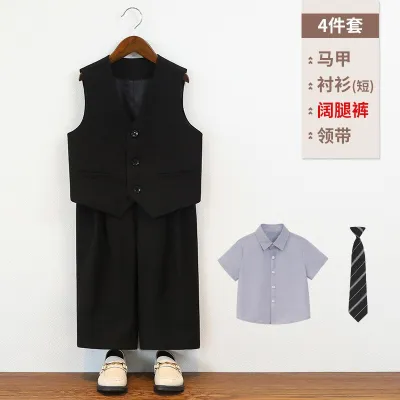 Kids Boys Spring Summer Casual Party Stripe Short Sleeve Shirt Vest Loose Pants Tie Four-Piece Set