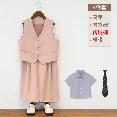 Kids Boys Spring Summer Casual Party Stripe Short Sleeve Shirt Vest Loose Pants Tie Four-Piece Set