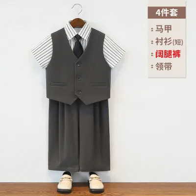 Kids Boys Spring Summer Casual Party Stripe Short Sleeve Shirt Vest Loose Pants Tie Four-Piece Set