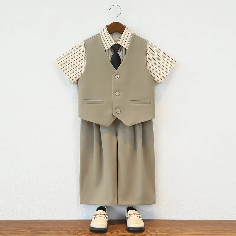 Kids Boys Spring Summer Casual Party Stripe Short Sleeve Shirt Vest Loose Pants Tie Four-Piece Set