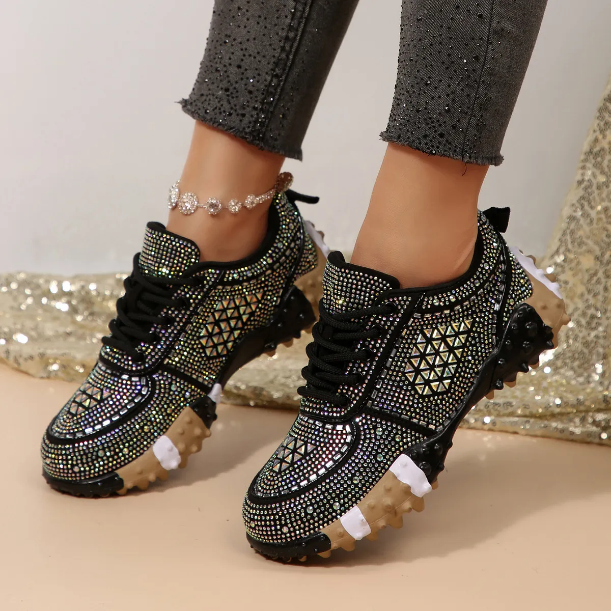 Women Fashion Casual Rhinestone Breathable Lace-Up Chunky Sneakers