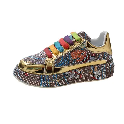Women Fashion Casual Rhinestone Graffiti Breathable Lace-Up Chunky Sneakers