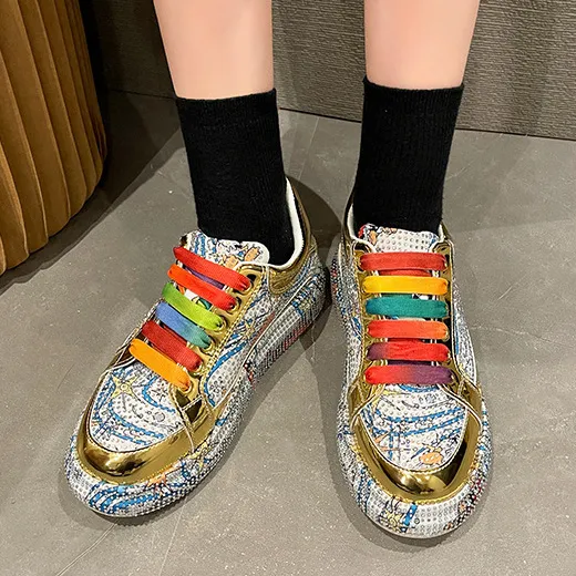 Women Fashion Casual Rhinestone Graffiti Breathable Lace-Up Chunky Sneakers