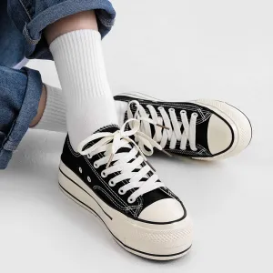 Women Fashion Casual Lace-Up Round-Toe Platform Canvas Sneakers