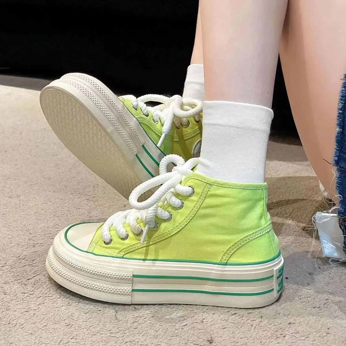 Women Fashion Casual Round-Toe High-Top Lace-Up Platform Canvas Sneakers