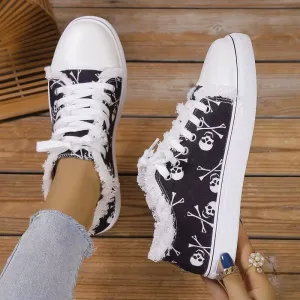 Women Fashion Casual Graffiti Printed Flat Lace Up Canvas Sneakers Plus Size
