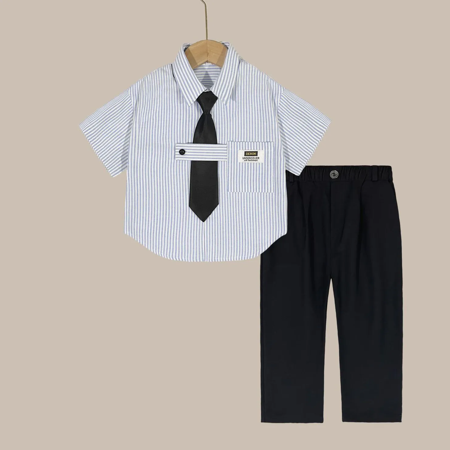 Kids Boys Spring Summer Fashion Casual Stripe Short-Sleeve Shirt Loose Pants Tie Three-Piece Set