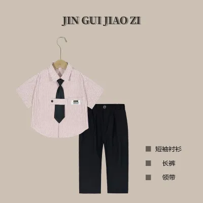 Kids Boys Spring Summer Fashion Casual Stripe Short-Sleeve Shirt Loose Pants Tie Three-Piece Set