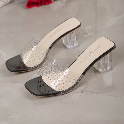 Women Fashion Sexy Rhinestone Transparent Square-Toe Chunky Heel Slippers