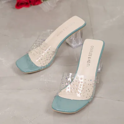 Women Fashion Sexy Rhinestone Transparent Square-Toe Chunky Heel Slippers