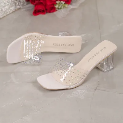 Women Fashion Sexy Rhinestone Transparent Square-Toe Chunky Heel Slippers