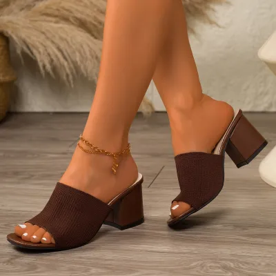 Women Fashion Casual Solid Color Mesh Fabric Square-Toe Chunky Heel Slippers