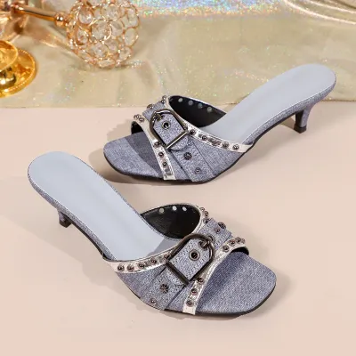 Women Fashion Sexy Rivet Belt Buckle Square-Toe Heeled Slippers