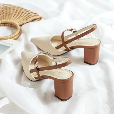 Women Fashion Sexy Leopard Print Pointed-Toe Slingback Chunky Heel Sandals