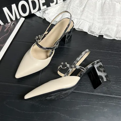 Women Fashion Sexy Leopard Print Pointed-Toe Slingback Chunky Heel Sandals