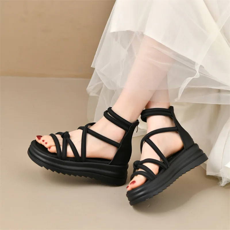 Women Fashion Casual Solid Color Hollow-Out Zipper Platform Roman Sandals